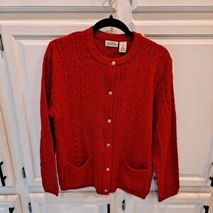 Classic Elements Vibrant Red Cable Knit Cardigan With Pockets & Gold Buttons